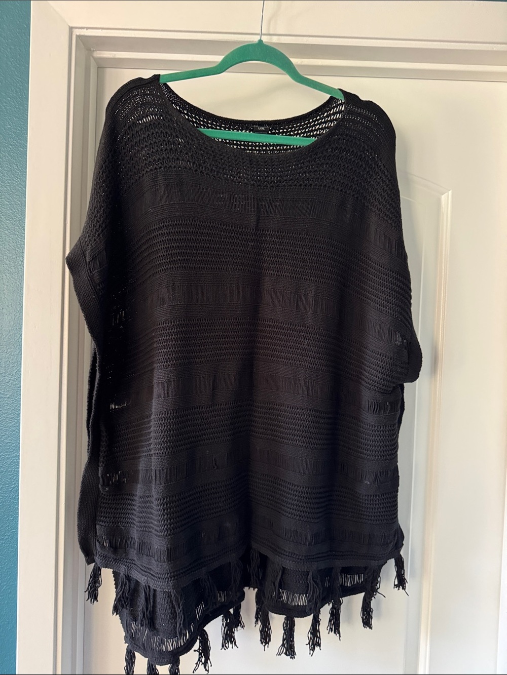 Lucky Brand Black Crochet Fringe Poncho Open Weave Sweater